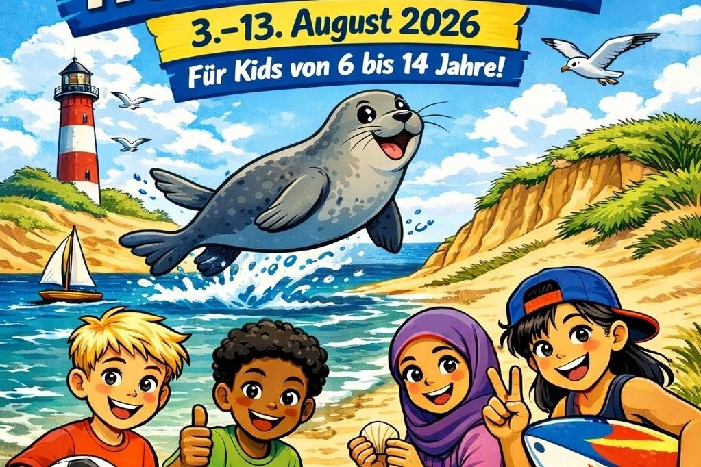 Hörnum 2026 div. Kinder sitzen am Strand und freuen sich