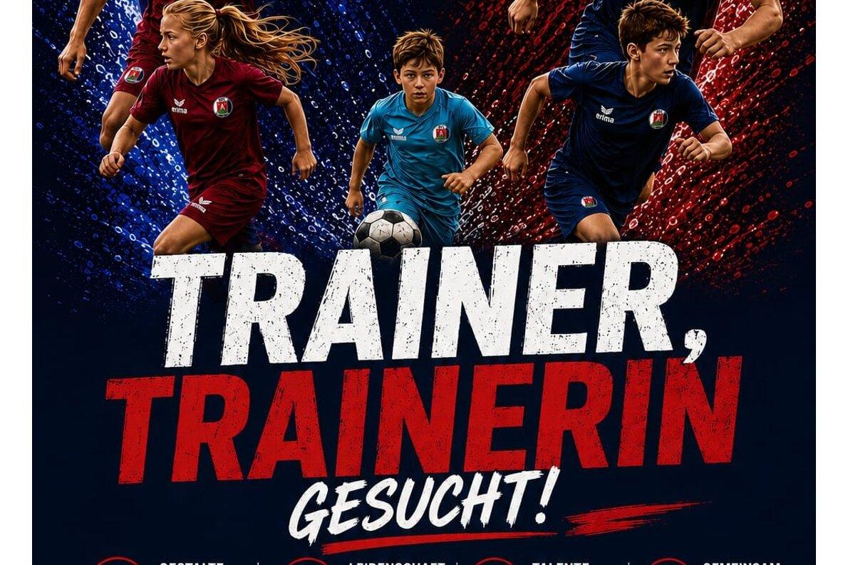 Gesuch von TrainerInnen Fußball KI-Generiertes Werbeplakat zur TrainerInnensuche mit fünf Jungen und Mädchen, die Fußballspielen