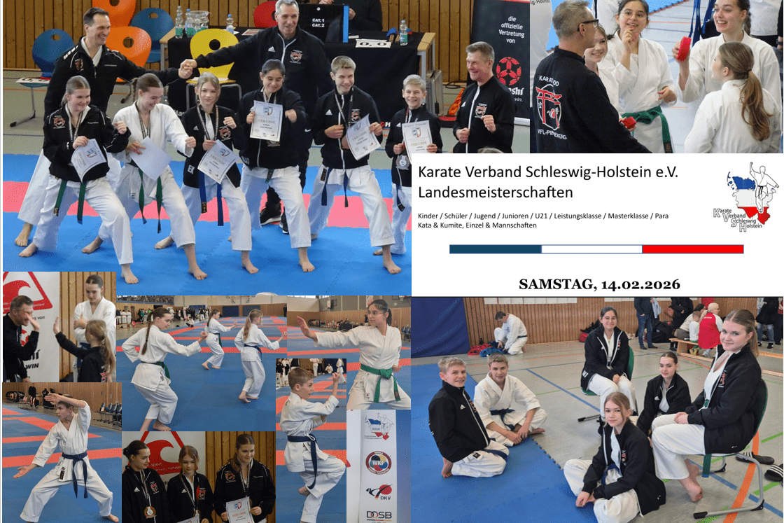 Landesmeisterschaften SH 2026 Collage mit Karatewettkämpfern in weißen und schwarzen Anzügen bei Landesmeisterschaften in Schleswig-Holstein am 14. Februar 2026