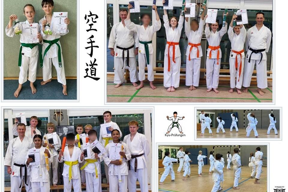 Kyu-Prüfungen Mehrere Gruppen von Karateka in weißen Karateanzügen mit verschiedenfarbigen Gürteln posieren in einer Sporthalle mit Urkunden, daneben schwarze japanische Schriftzeichen und kleine Illustrationen von Karatebewegungen.