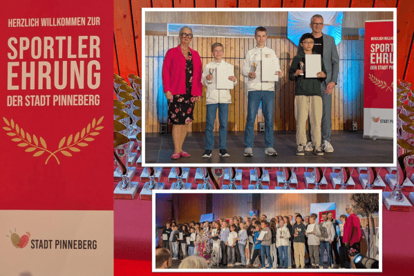 Sportler-Ehrung PI 2026 Collage aus Bildern von einer Sportlerehrung der Stadt Pinneberg. Zu sehen ist ein Banner mit weißer Schrift und Lorbeerzweigen auf rotem Hintergrund, ein Bild mit fünf Personen auf einer Bühne und ein Gruppenfoto bei der Ehrung. Im Hinter