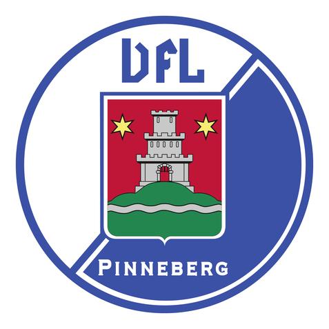 Wappen des DFL Pinneberg mit einer Burg und zwei Sternen auf rotem Hintergrund, umgeben von blauer Umrandung.